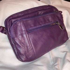 Genuine Leather Small Size Cross Body Every Day Purse 3 Zipper -  Purple